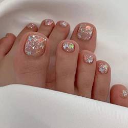 Ceboic 24 Stück Künstliche Zehennägel Kurz Französische Falsche Zehennägel Ballerina Quadratische Acryl Fußnägel zum Aufkleben Natürliche Toe Nails Tips für Frauen Mädchen(Schmetterling Pailletten) von Ceboic