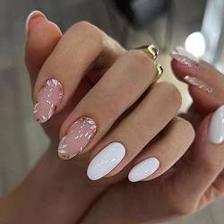 Ceboic 24 Stück Mandel Nägel Zum Aufkleben Kurz, Cute Blumen French Künstliche Nägel, Wiederverwendbare Oval Weiß Falsche Nägel Acryl Fingernägel Fake Nails Kit für Frauen und Mädchen von Ceboic