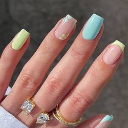 Ceboic 24 Stück Viereckig Kurz Press on Nails, Französisches Sky Blue Künstliche Nägel mit Blumen Design, Acryl Kunstnägel Nägel Zum Aufkleben Fake Nails für Frauen und Mädchen von Ceboic