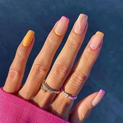 Ceboic 24 Stück Viereckig Kurz Press on Nails, French Gelbe Swirl Künstliche Nägel, Kunstnägel Nägel Zum Aufkleben mit Klebesticker, Square Fingernägel Fake Nails Kurz für Frauen von Ceboic