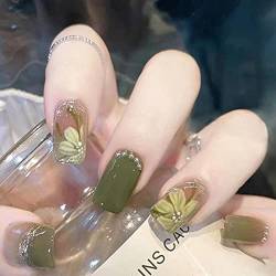 Ceboic 24 Stück Viereckig Kurz Press on Nails, French Grün Kamelie Künstliche Nägel, Kunstnägel Nägel Zum Aufkleben mit Glitzer Perle, Square Fingernägel Fake Nails Kurz für Frauen von Ceboic