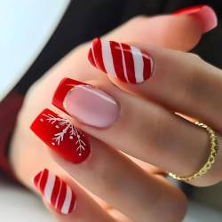 Ceboic 24 Stück Weihnachten Press on Nails Kurz, Square French Künstliche Nägel Rot Streifen Schneeflocke Acryl Fingernägel zum Aufkleben, Festival Kunstnägel Fake Nails für Frauen & Mädchen von Ceboic