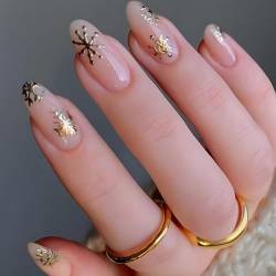 Ceboic 24 Stück Weihnachten Press on Nails Mandel Kurz, Gold Schneeflocke French Künstliche Nägel, Acryl Fingernägel zum Aufkleben mit Nagelkleber Aufkleber, Festival Fake Nails für Frauen & Mädchen von Ceboic