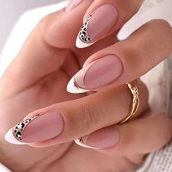 Ceboic Kurz Mandel Nägel zum Aufkleben, 24 Stück French Rosa Nude Leopardenmuster Press on Nails, Falsche Nägel Glossy Kunstnägel mit Designs Acryl Fake Nails für Frauen von Ceboic