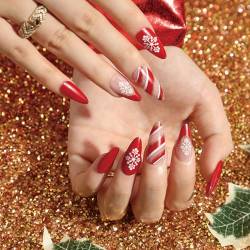 Ceboic Mandel Press on Nails Mittel, French Weihnachten Nägel Zum Aufkleben Rot Glitzer Künstliche Nägel mit Weiß Schneeflocke, Acryl Full Cover Square Fingernägel Fake Nails für Frauen und Mädchen von Ceboic