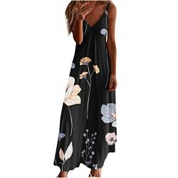 Ceboyel Damen Blumen Spaghettiträger Sommerkleid Casual Sommer Lang Maxikleid V-Ausschnitt Sexy Boho Kleider Trendy Strandkleidung 2023, Schwarz Nr. 20, M von Ceboyel