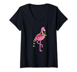 Damen Flamingo mit Banner Flaggen T-Shirt mit V-Ausschnitt von Cedar Rue