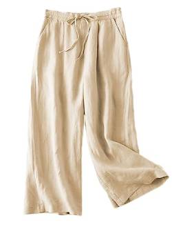 Cegerne Damen Leinen Sommerhose Leichte Weitem Bein Palazzo Culottes Hose mit Kordelzug, Khaki02, L von Cegerne