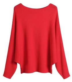 Cegerne Damen Pullover Elegant Oversize Pulli Langarm Shirt Sweatshirt Strickpullover Batwing Fledermausärmel Knitted Sweater Oberteil Tops, Rot von Cegerne