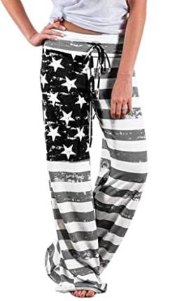 Cegerne Damen Pyjamahose Schlafanzughose Lang Stretch Weich Lounge Freizeithose Weite Bein Palazzo Bequeme Haushose Schlafhose, Graue Flagge, M von Cegerne