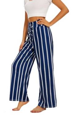 Cegerne Damen Stretch Lounge Freizeithose Weite Bein Palazzo Haushose Bequeme Weich Pyjamahose Schlafanzughose Lang, Blauer Streifen, XXL von Cegerne