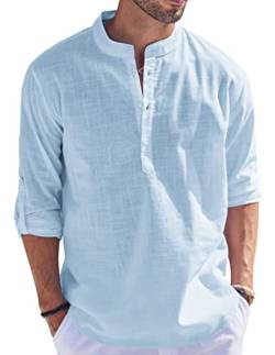 Cegerne Herren Leinenhemd Henley Shirt Langarm Freizeithemden Sommer Beach Casual Mittelalte Kurzarm T-Shirt für Urlaub Strand, Blau01, XL von Cegerne