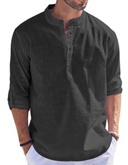 Cegerne Herren Leinenhemd Henley Shirt Langarm Freizeithemden Sommer Beach Casual Mittelalte Kurzarm T-Shirt für Urlaub Strand, Schwarz01, XL von Cegerne