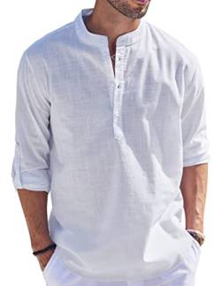 Cegerne Herren Leinenhemd Henley Shirt Langarm Freizeithemden Sommer Beach Casual Mittelalte Kurzarm T-Shirt für Urlaub Strand, Weiß01, L von Cegerne