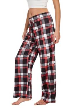 Cegerne Weihnachts Pyjama Damen Schlafanzughose Lang Schlafanzug Pyjamahose Nachtwäsche Karierte Weich Schlafhose mit Kordelzug, Rot Kariert #2, M von Cegerne