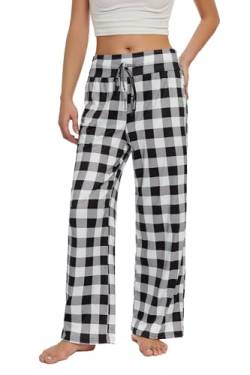 Cegerne Weihnachts Pyjama Damen Schlafanzughose Lang Schlafanzug Pyjamahose Nachtwäsche Karierte Weich Schlafhose mit Kordelzug, Schwarz Kariert #2, XXL von Cegerne