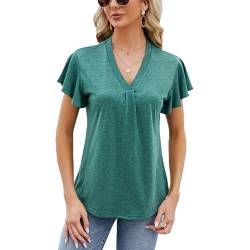 Celadyen Damen Oberteile Kurzarm Longshirt Tunika Sommer Elegant Bluse T-Shirt Casual V-Ausschnitt Einfarbig Longbluse Top, Grün L von Celadyen