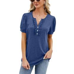 Celadyen Damen Tunika T-Shirt Kurzarm V-Ausschnitt Longshirts Casual Bluse T Shirt Sommer Pullover Oberteile Longtops mit Knopfleiste, Blau XL von Celadyen