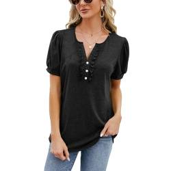 Celadyen T-Shirt Damen Sommer Kurzarm Tunika Oberteile V-Ausschnitt Einfarbig Elegant Bluse Tshirt Einfarbig Longshirt Sommertop mit Knopfleiste, Schwarz M von Celadyen