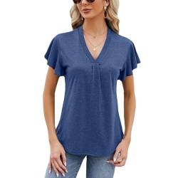 Celadyen Tshirt Damen Sommer Kurzarm Bluse Oberteile Elegant V-Ausschnitt Longshirt Tunika Casual Einfarbig Tuniken T-Shirt Tops, Blau S von Celadyen