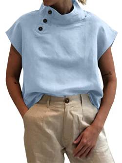 Celmia Sommer Bluse Damen T-Shirts Kurzarm Knopfleiste Rollkragen Basic Oberteile Einfarbig Hellblau 3XL von Celmia