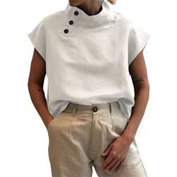 Celmia Sommer Bluse Damen T-Shirts Kurzarm Knopfleiste Rollkragen Basic Oberteile Einfarbig Weiß L von Celmia