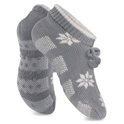 Celodoro Damen Norweger Strick Socken für Zuhause (1 Paar) Hüttensocken mit ABS-Sohle - Grau Weiß 35-38 von Celodoro