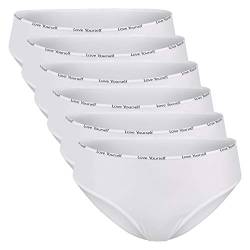 Celodoro Damen Slip (6er Pack) Bikini-Slip mit schmalem Ziergummi und Schriftzug - Weiss L von Celodoro