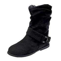 Ankle-Boots Damen Stiefeletten Flache Wildleder Stiefel mit Reissverschluss und Schnalle, Frauen Kurzstiefel Robuste Boots Elegante Schuhe Mode Bequem Damenschuhe Celucke (Schwarz, 40 EU) von Celucke Damenschuhe