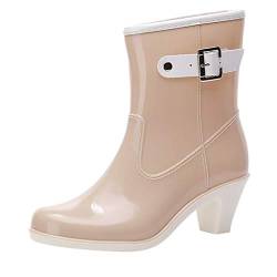 Damen Gummistiefel Kurze Regenstiefel mit Blockabsatz und Seitliches Schnallen-Detail, Frauen Regenschuhe Kurzschaft Stiefel wasserdichte Gummistiefeletten Celucke (Beige, 39 EU) von Celucke Damenschuhe