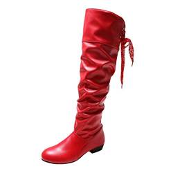 Hohe Stiefel Damen Flache Winterstiefel mit Schnürung, Frauen Langscaftstiefel Elegante Schuhe Winter Warm Damenschuhe Celucke (Rot, 36 EU) von Celucke Damenschuhe