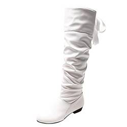 Hohe Stiefel Damen Flache Winterstiefel mit Schnürung, Frauen Langscaftstiefel Elegante Schuhe Winter Warm Damenschuhe Celucke (Weiß, 38 EU) von Celucke Damenschuhe