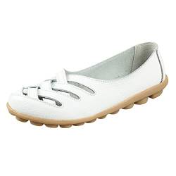 Klassische Slipper Damen Mokassins Flache Loafer Leder Casual Schuhe Bequeme Leichte Atmungsaktiv Halbschuhe Celucke (Weiß, 42 EU) von Celucke Damenschuhe