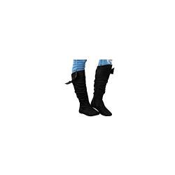 Kniehohe Stiefel Damen Wildleder Langschaftstiefel Flache Winterstiefel mit Reissverschluss und Schleife, Frauen Vintage Boots Winter Cowboystiefel Reiterstiefel Celucke (Schwarz, 42 EU) von Celucke Damenschuhe