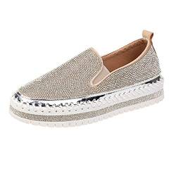 Slip On Sneaker Damen Strass Slipper mit Glitzer-Optik, Frauen Bequeme Leichte Atmungsaktive Freizeitschuhe Low Top Flache Schuhe Schöner Damenschuhe Celucke (Silber, 42 EU) von Celucke Damenschuhe