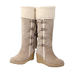 Winterstiefel Gefüttert Damen Hohe Stiefel Vintage Wildleder Winterboots mit Keilabsatz und Schnürung, Frauen Winter Langschaftstiefel Bequem Warme Damenschuhe Celucke (Beige, 36 EU) von Celucke Damenschuhe