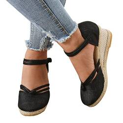 Celucke Espadrilles für Damen Keilabsatz Damenschuhe Sandalen Leinenschnalle Damensandalen Atmungsaktive Leinenhausschuhe Plateau Geschlossene Espandrillos Sommerschuhe von Celucke Sandalette