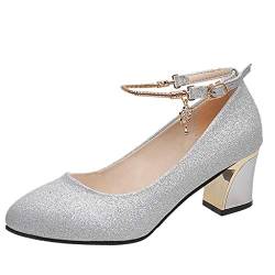 Celucke Sandalette Spangenpumps Damen Pumps Sommer Sandale Sandaletten High Heels Runde Zehen Elegante Dance Schuhe Dicker Absatz Frauen Hochzeitsschuhe Tanzschuhe Arbeitsschuhe, Silber, 38 EU von Celucke Sandalette