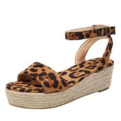 Damen Espadrilles Keilabsatz Plateau Leopard Wildleder Sommer Knöchelriemchen Peep Toe Strandschuhe Elegante Sandaletten Schöne Sommerschuhe Celucke (Schwarz, EU38) von Celucke Sandalette