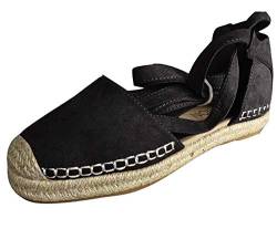 Damen Espadrilles mit Bändern zum Schnüren, Klassische Flache Sandalen Sommer Strand Elegante Sandaletten Schöne Sommerschuhe Celucke (Schwarz, EU39) von Celucke Sandalette