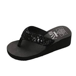 Damen Glitzer Flip Flop Zehentrenner mit Keilabsatz Plateau, Sommer Zehenstegsandalen Frauen Sandalen für Strand Urlaub Drinnen Celucke von Celucke Sandalette