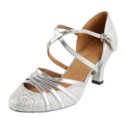 Damen Standard Latein Funkeln Tanzschuhe Frauen Ballsaal Salsa Tango Tanzen Schuhe Hochzeit Abendschuhe Knöchelriemen, Celucke Klassische Pumps Elegante Brautschuhe (Silber, EU37) von Celucke Sandalette