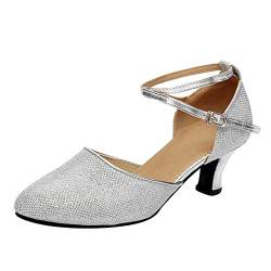 Damen Standard Latein Funkeln Tanzschuhe Frauen Ballsaal Salsa Tango Tanzen Schuhe Knöchelriemen Hochzeit Abendschuhe, Celucke Klassische Pumps Frühling Elegante Brautschuhe (Silber, EU39) von Celucke Sandalette