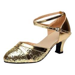 Damen Standard Latein Tanzschuhe Brautschuhe Mittelhohe Knöchelriemen Weicher Boden Atmungsaktiv Schlüpfen, Klassische Pumps Basic Absatzschuhe Frühling Elegante Schuhe (Gold, EU37) von Celucke Sandalette