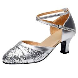 Damen Standard Latein Tanzschuhe Brautschuhe Mittelhohe Knöchelriemen Weicher Boden Atmungsaktiv Schlüpfen, Klassische Pumps Basic Absatzschuhe Frühling Elegante Schuhe (Silber, EU37) von Celucke Sandalette