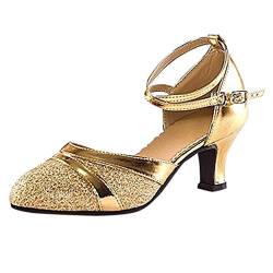 Damen Standard Latein Tanzschuhe Brautschuhe Mittelhohe Knöchelriemen Weicher Boden Schlüpfen, Celucke Klassische Pumps Basic Absatzschuhe Frühling Elegante Schuhe (Gold, EU36) von Celucke Sandalette