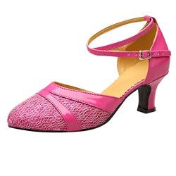 Damen Standard Latein Tanzschuhe Brautschuhe Mittelhohe Knöchelriemen Weicher Boden Schlüpfen, Celucke Klassische Pumps Basic Absatzschuhe Frühling Elegante Schuhe (Hot Pink, EU39) von Celucke Sandalette