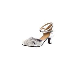 Damen Standard Latein Tanzschuhe Brautschuhe Mittelhohe Knöchelriemen Weicher Boden Schlüpfen, Celucke Klassische Pumps Basic Absatzschuhe Frühling Elegante Schuhe (Silber, EU37) von Celucke Sandalette