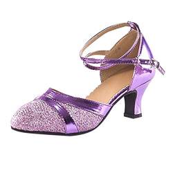 Damen Standard Latein Tanzschuhe Brautschuhe Mittelhohe Knöchelriemen Weicher Boden Schlüpfen, Celucke Klassische Pumps Basic Absatzschuhe Frühling Elegante Schuhe (Violett, EU38) von Celucke Sandalette