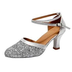 Damen Standard Latein Tanzschuhe Glitzer Mode Elegante Ballsaal Tango Salsa Schuhe Klassische Pumps Brautschuhe Party Hochzeit Weicher Boden Geschlossen Knöchelriemen Celucke (Silber, EU39) von Celucke Sandalette